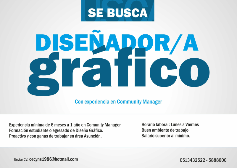 Se busca diseñador gráfico con experiencia en Community Manager Se busca diseñador gráfico con experiencia en Community Manager