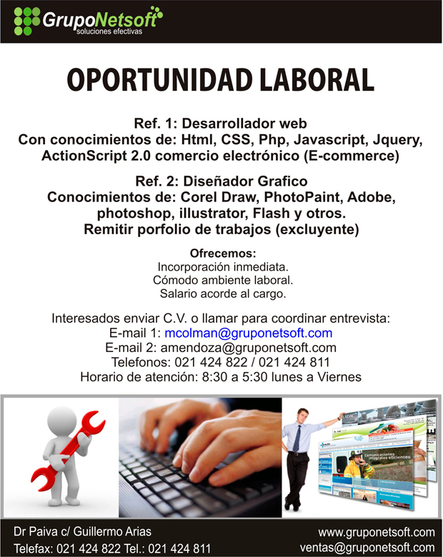 Oferta laboral para desarrollador web y diseñador gráfico Oferta laboral para desarrollador web y diseñador gráfico
