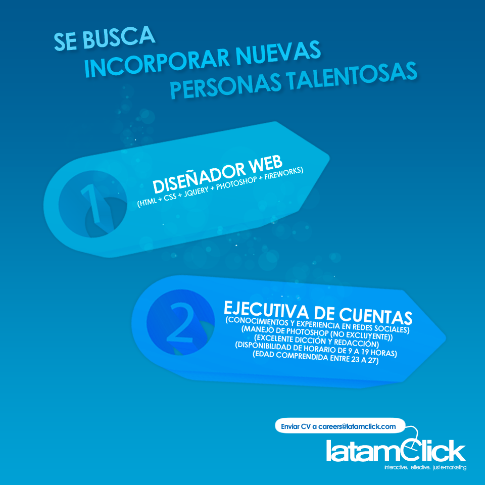 Oferta laboral para Diseñador web y ejecutiva de cuentas Oferta laboral para Diseñador web y ejecutiva de cuentas